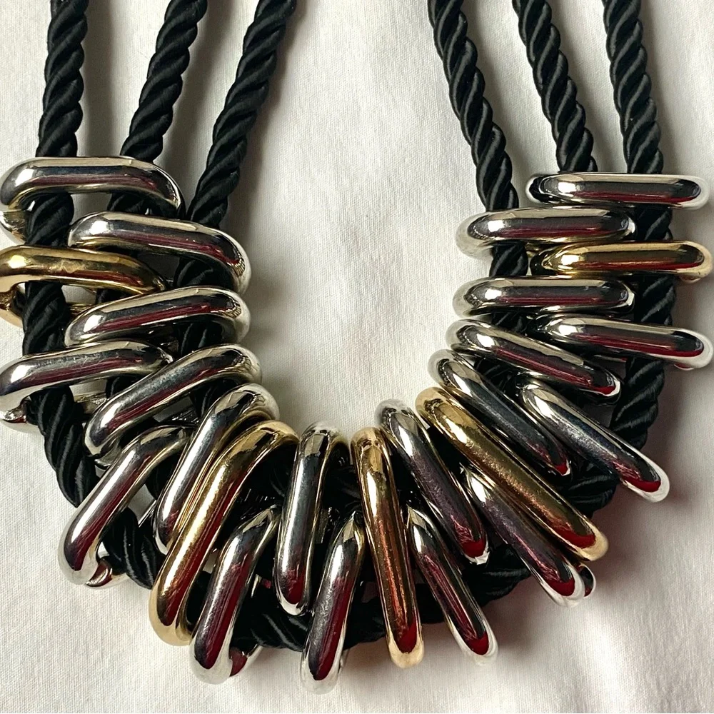 Statement Chunky Multi-Rope Strand Choker Necklace Silver and Gold Metal Rings